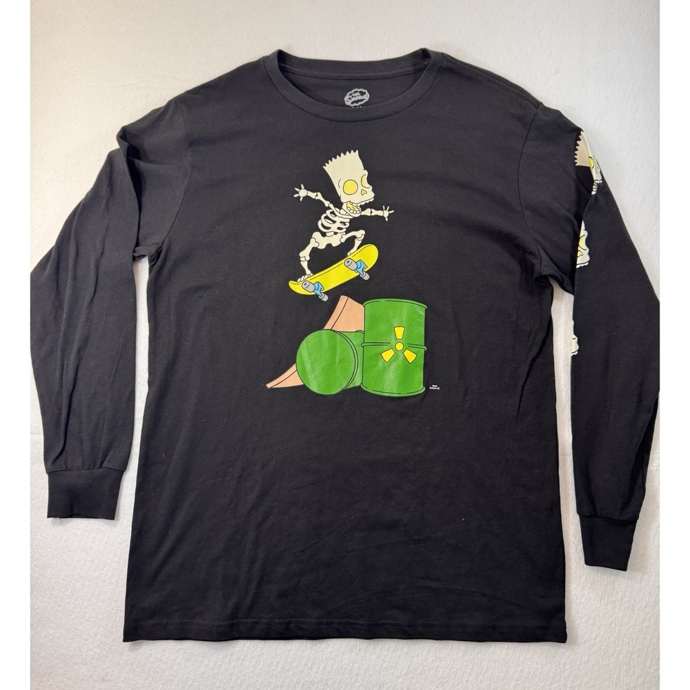 The Simpsons Mens T Shirt Large Black Long Sleeve Skeleton Bart Skateboard NWT